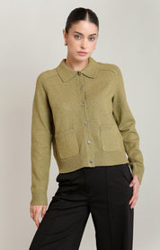 Cardigan en tricot olive délavé à col polo avec boutons argentés Black Tape pour femme