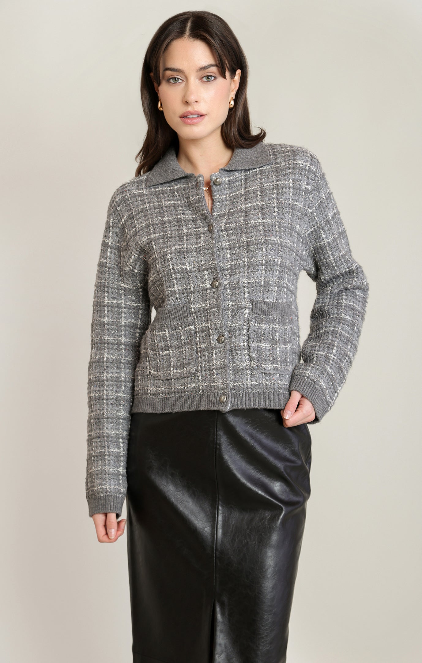 Cardigan en tricot effet tweed gris mélangé Black Tape pour femme