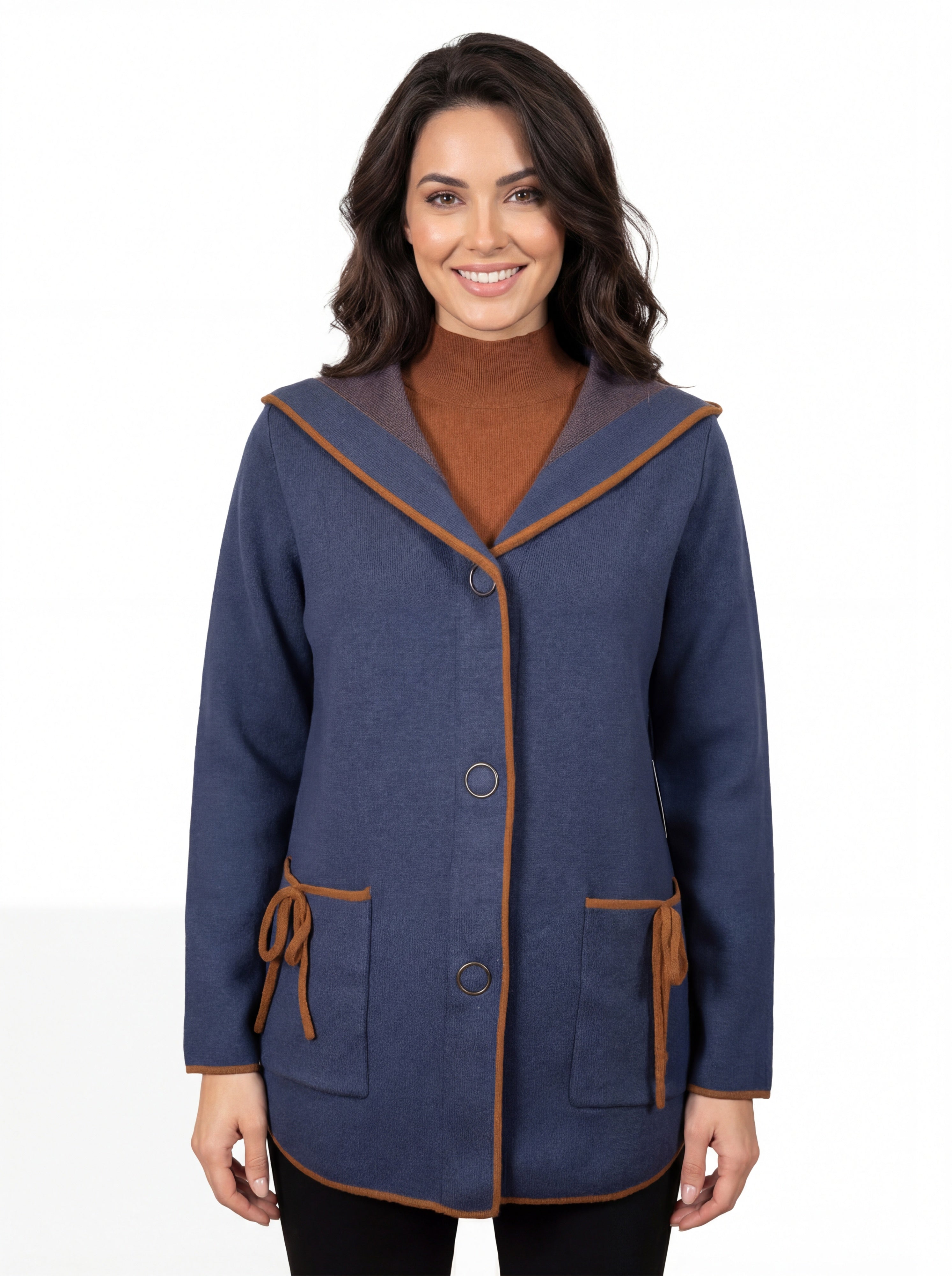 Cardigan marine à capuchon avec bordure caramel CYC Coco Y Club pour femme