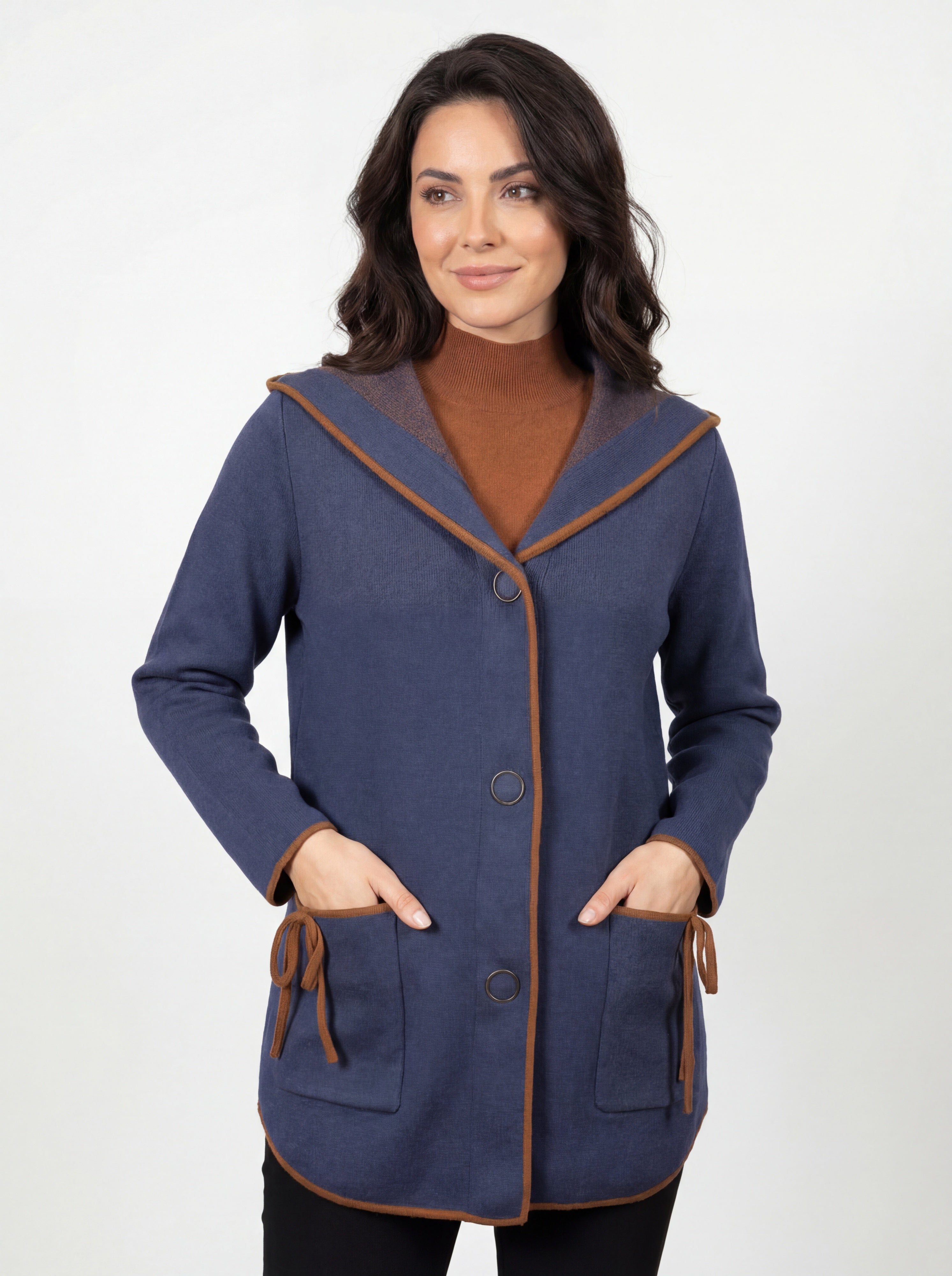 Cardigan marine à capuchon avec bordure caramel CYC Coco Y Club pour femme