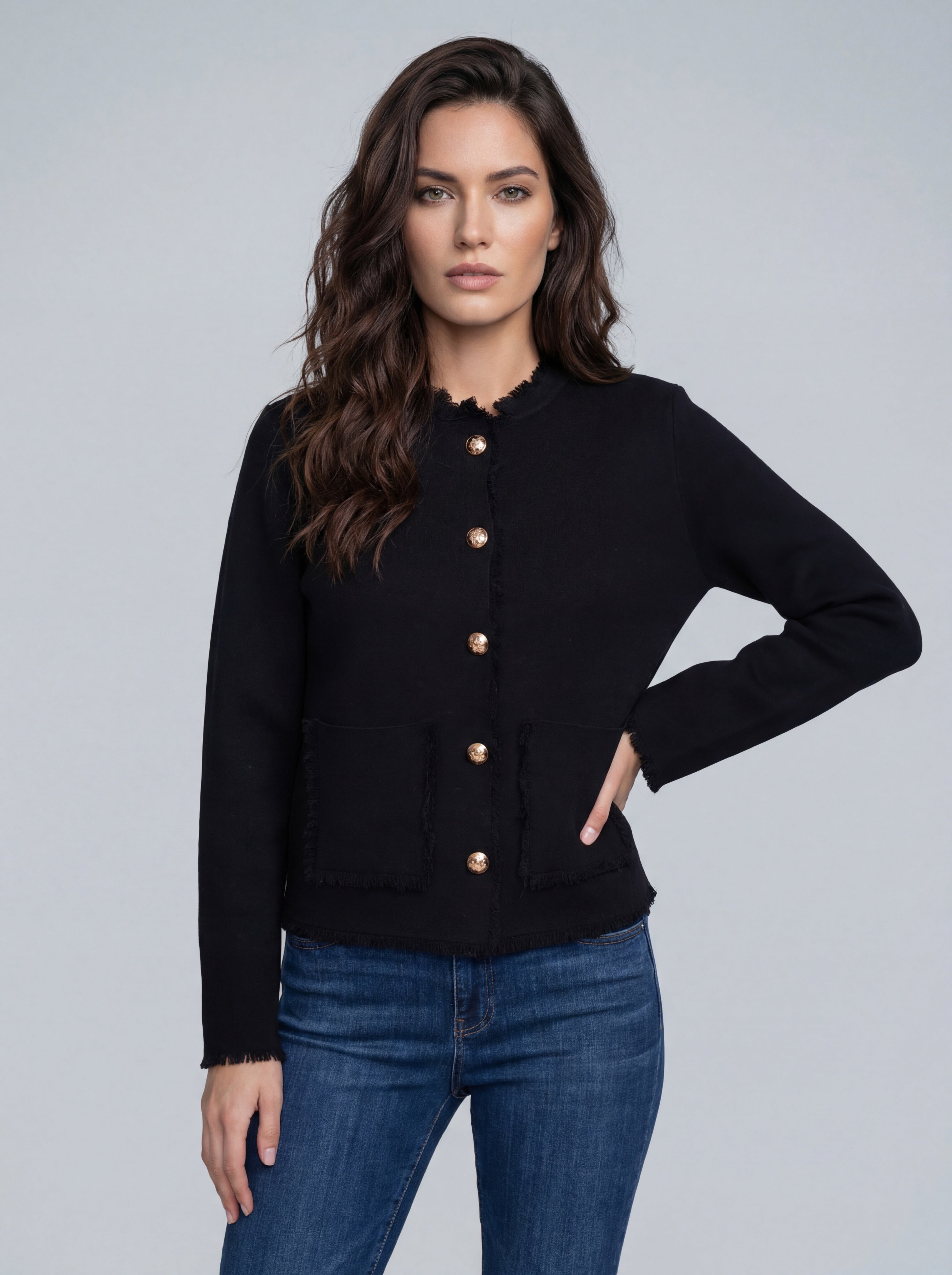 Cardigan noir à col effiloché et boutons dorés CYC Coco Y Club pour femme