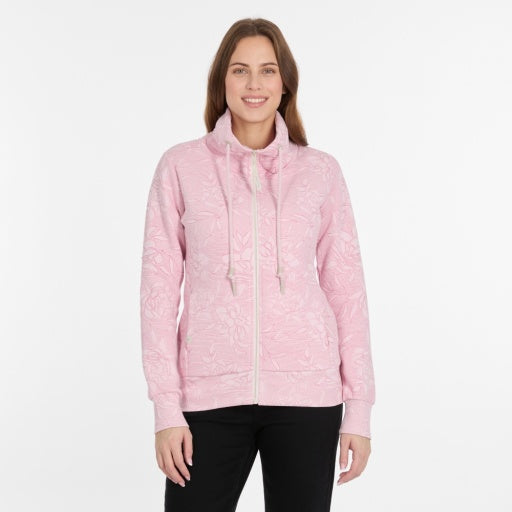 Cardigan Ragwear en coton ouate, rose, avec un imprimé ton sur ton, un col montant et des cordons de serrage roses.