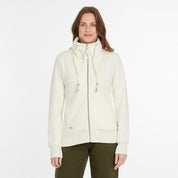 Cardigan Ragwear ivoire, en coton ouate, avec une fermeture eclair et un capuchon double en sherpa.
