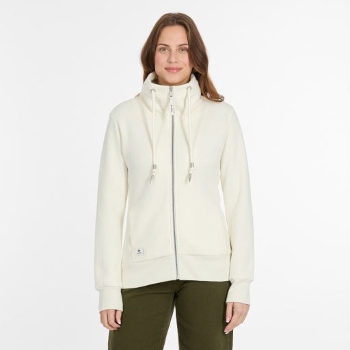 Cardigan Ragwear ivoire, en coton ouate, avec une fermeture eclair et un capuchon double en sherpa.