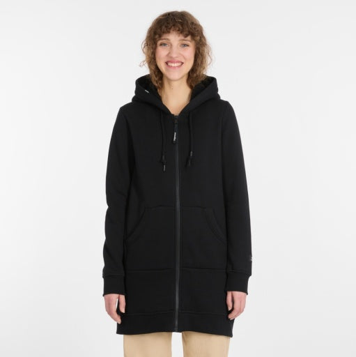 Cardigan long Ragwear noir, en coton ouate, avec une fermeture eclair et un capuchon double en sherpa.