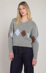 Chandail argyle gris moyen mélangé à col V Room 34 pour femme