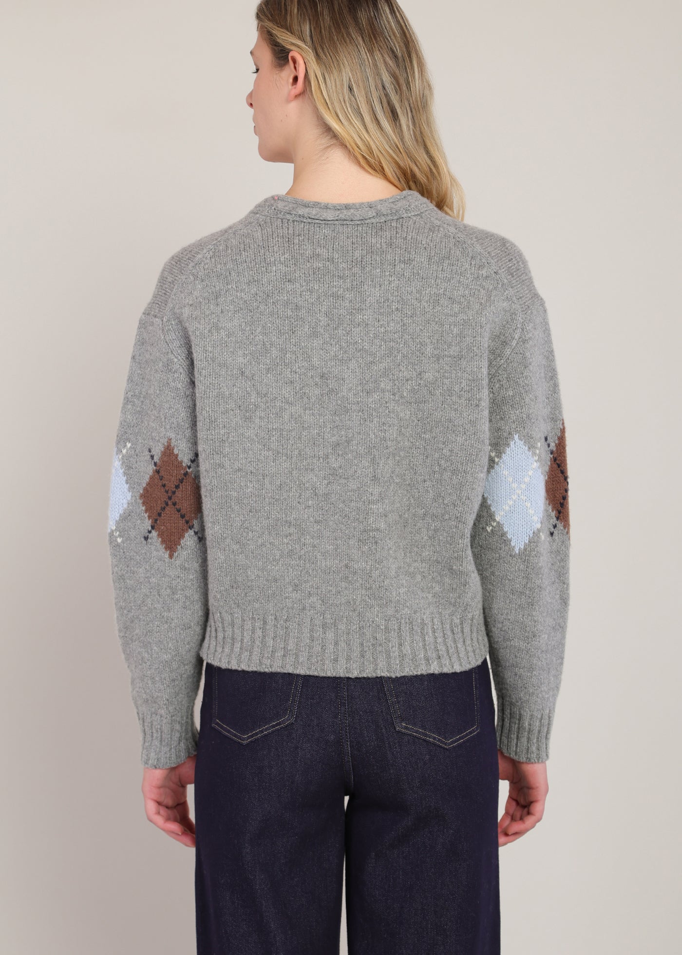Chandail argyle gris moyen mélangé à col V Room 34 pour femme