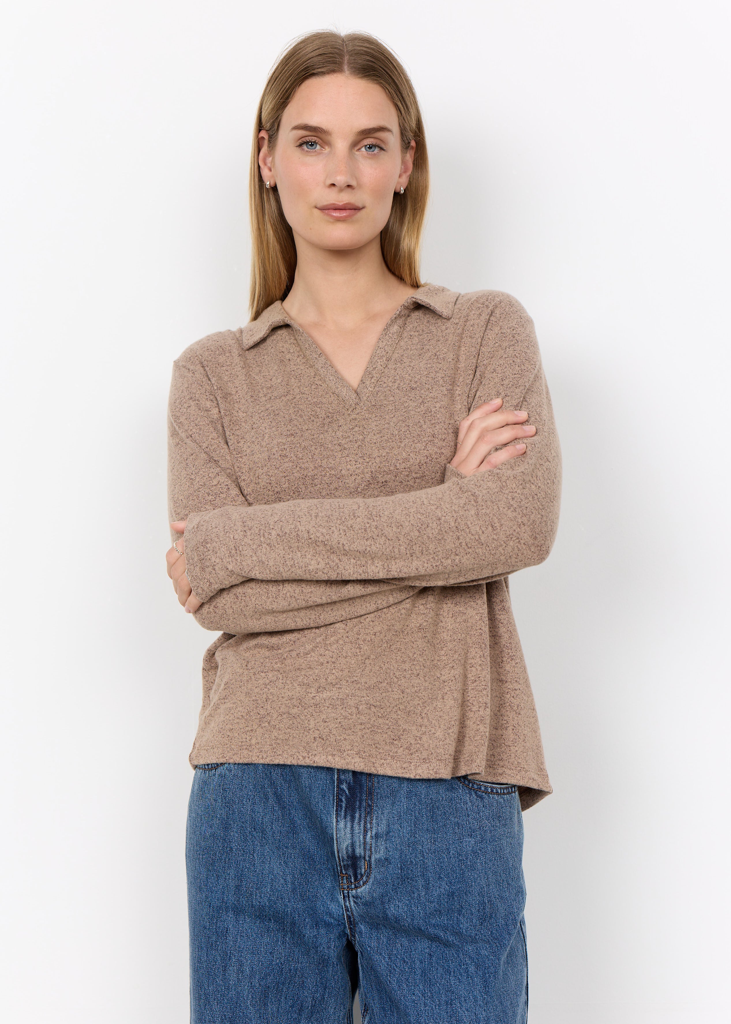Chandail col polo chiné camel à manches longues Soya Concept pour femme