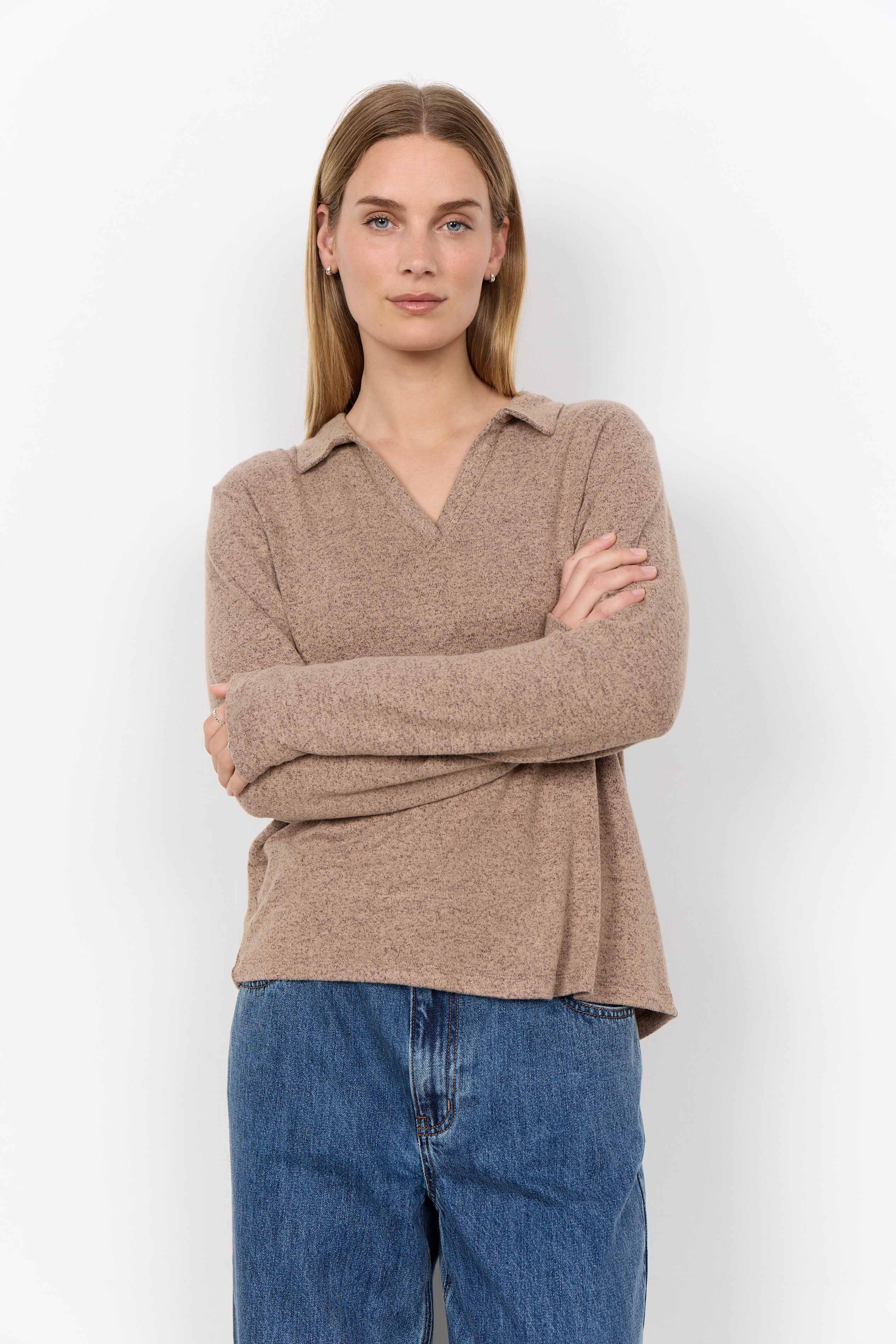 Chandail col polo chiné camel à manches longues Soya Concept pour femme