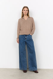 Chandail col polo chiné camel à manches longues Soya Concept pour femme
