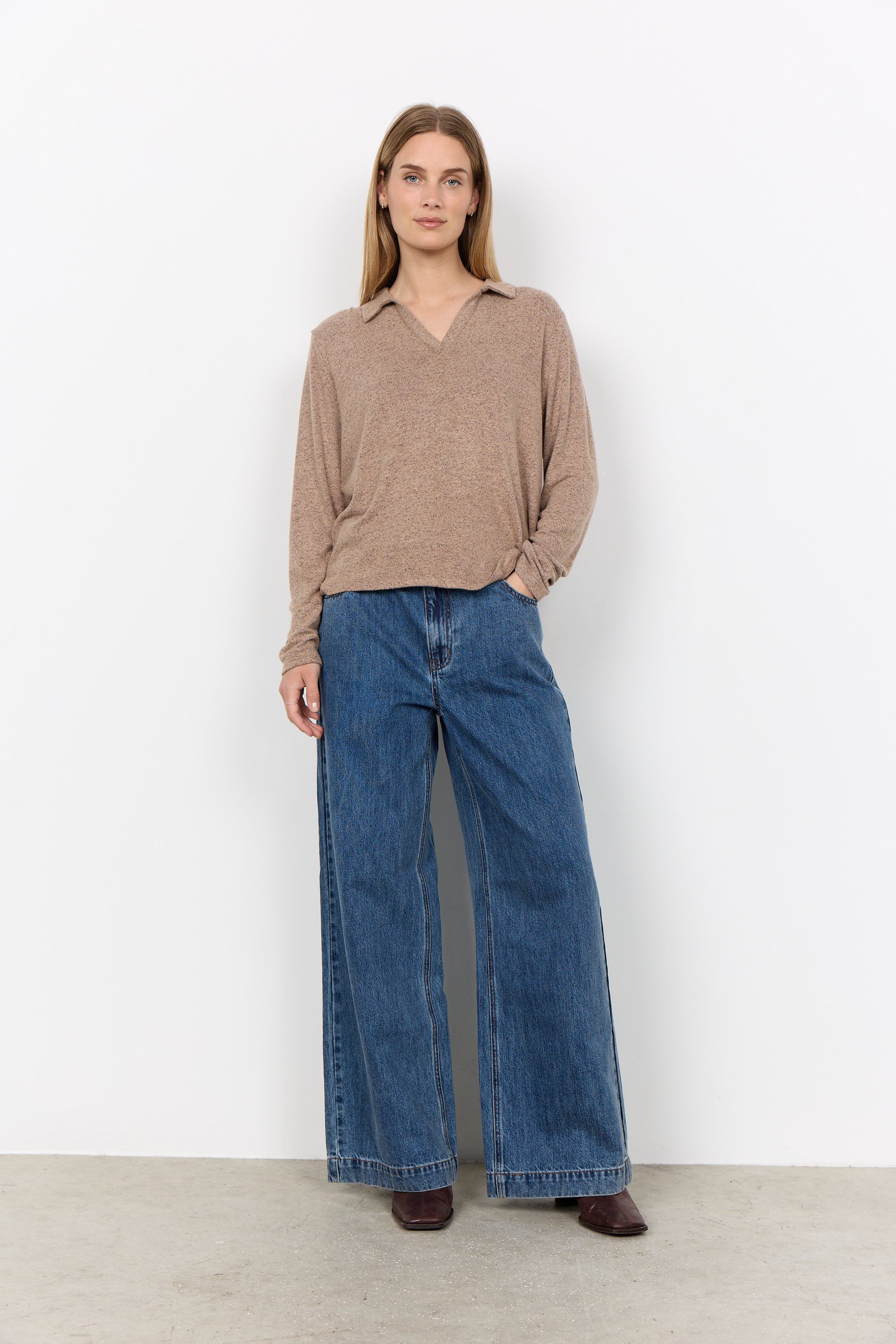 Chandail col polo chiné camel à manches longues Soya Concept pour femme