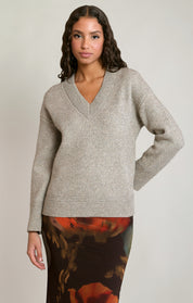Chandail tricot col V gris avoine chiné Dex pour femme