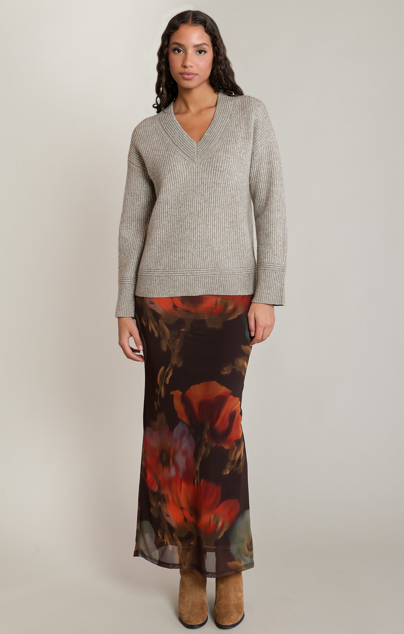 Chandail tricot col V gris avoine chiné Dex pour femme