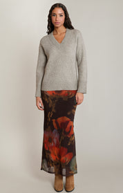 Chandail tricot col V gris avoine chiné Dex pour femme