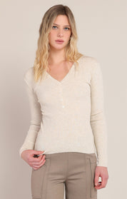 Chandail côtelé crème chiné style Henley Room 34 pour femme