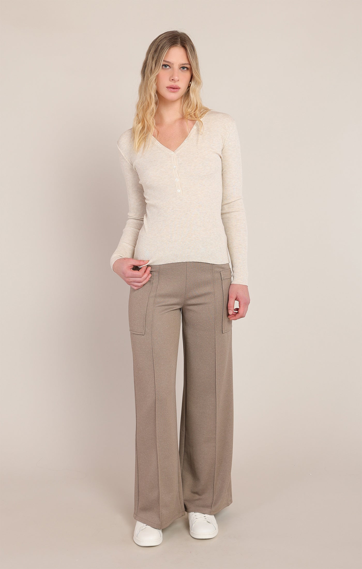 Chandail côtelé crème chiné style Henley Room 34 pour femme