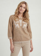 Chandail en tricot noisette à manches 3/4 avec broderies de fleurs ivoire CYC Coco Y Club pour femme