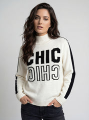 Chandail en tricot blanc cassé avec inscription CHIC et col montant CYC Coco Y Club pour femme