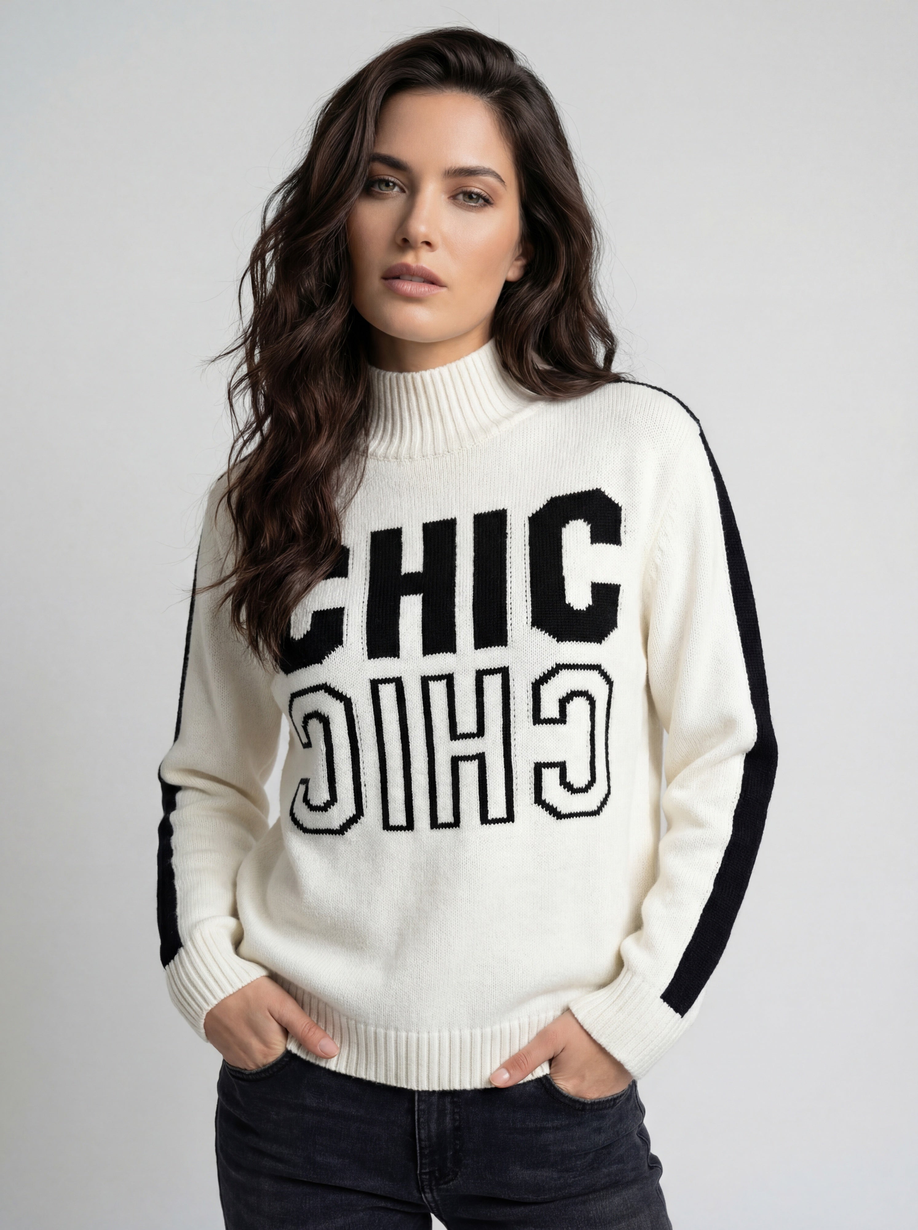 Chandail en tricot blanc cassé avec inscription CHIC et col montant CYC Coco Y Club pour femme