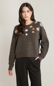 Chandail en tricot espresso chiné avec fleurs autour de l'encolure Black Tape pour femme