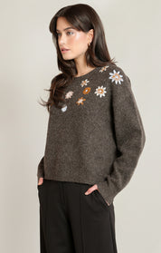 Chandail en tricot espresso chiné avec fleurs autour de l'encolure Black Tape pour femme