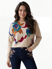 Chandail en tricot beige à col rond avec grand motif floral artistique multicolore CYC Coco Y Club pour femme