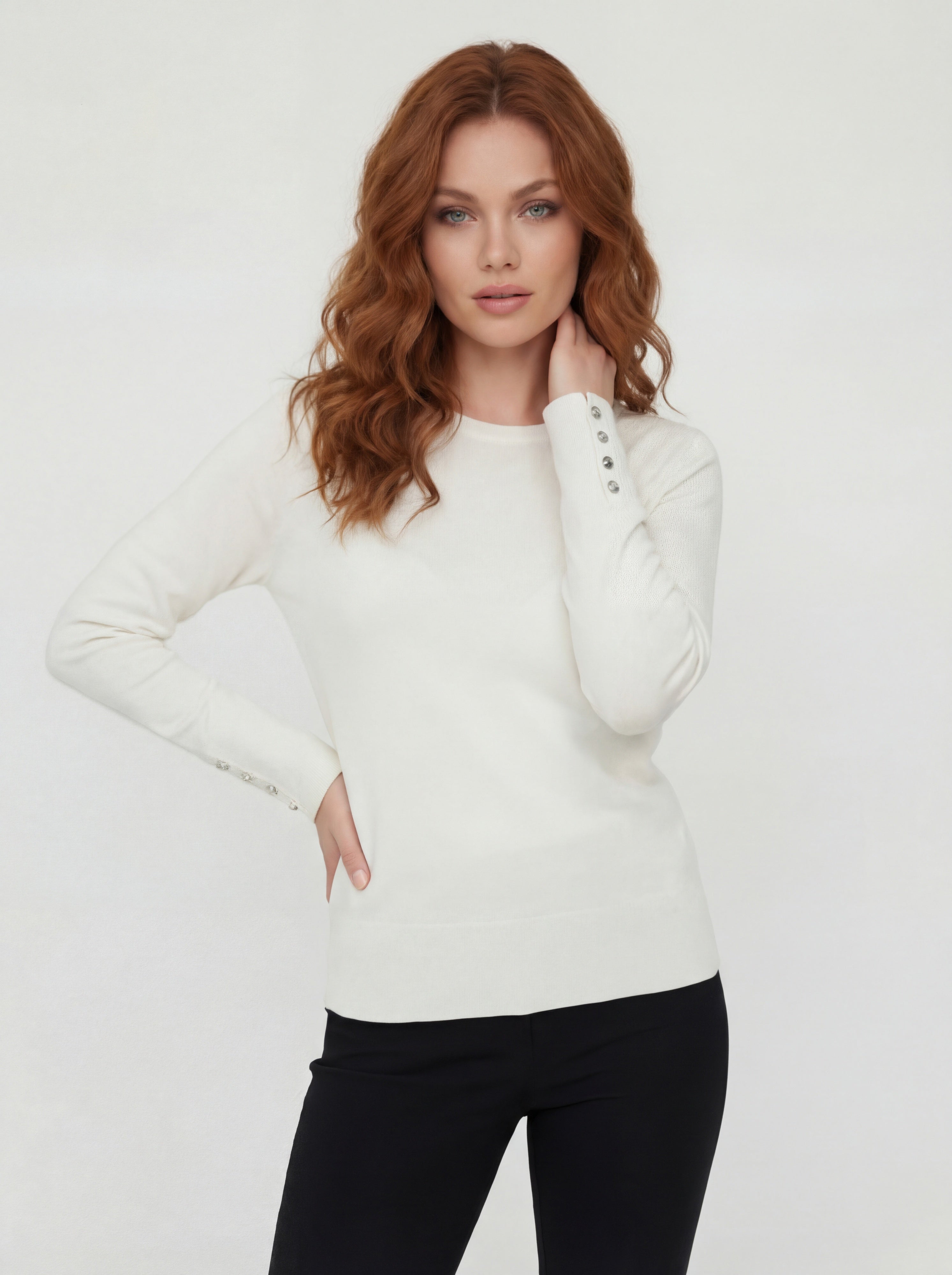 Chandail en tricot ivoire à col rond avec boutons aux manches CYC Coco Y Club pour femme