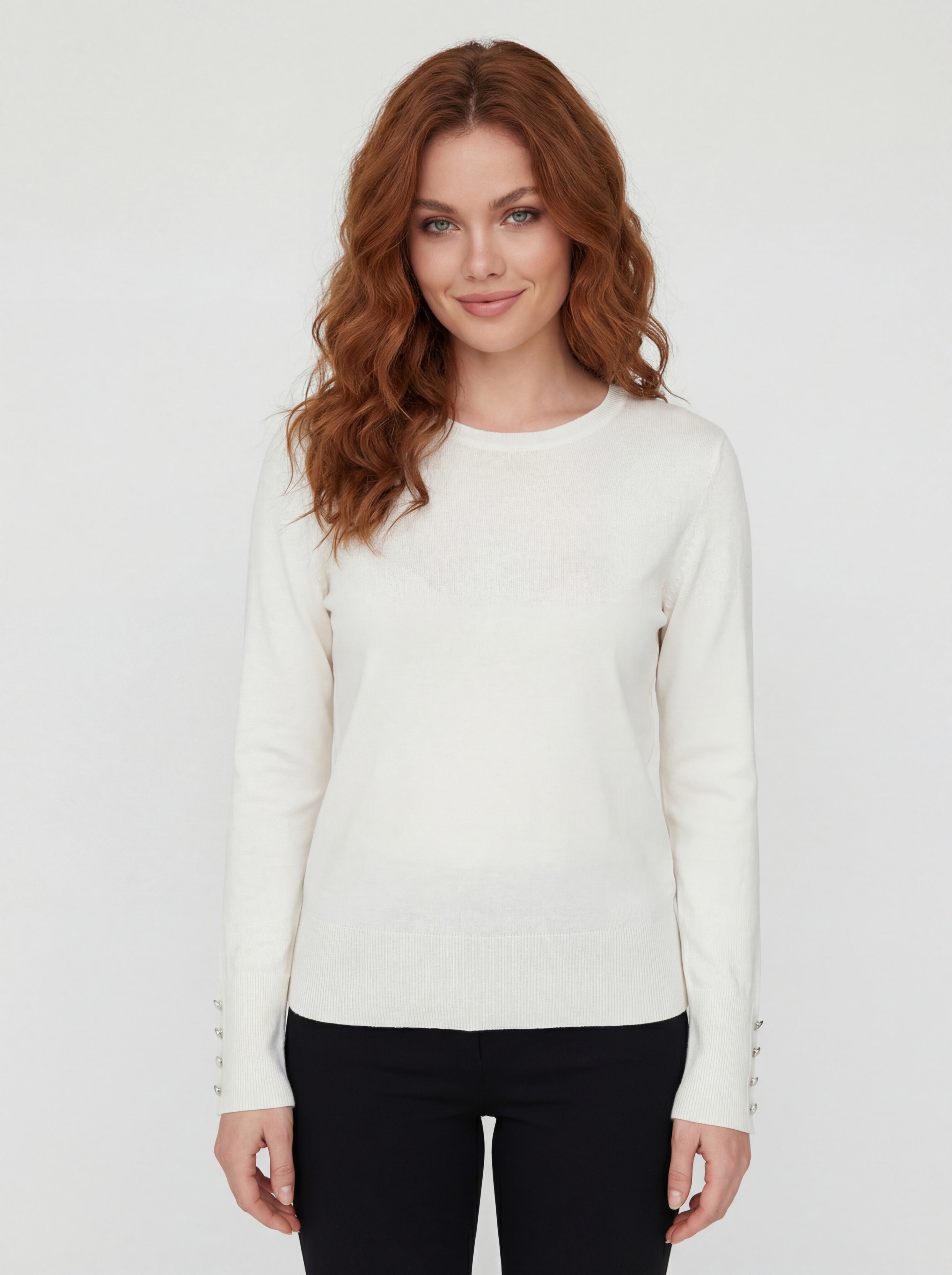 Chandail en tricot ivoire à col rond avec boutons aux manches CYC Coco Y Club pour femme