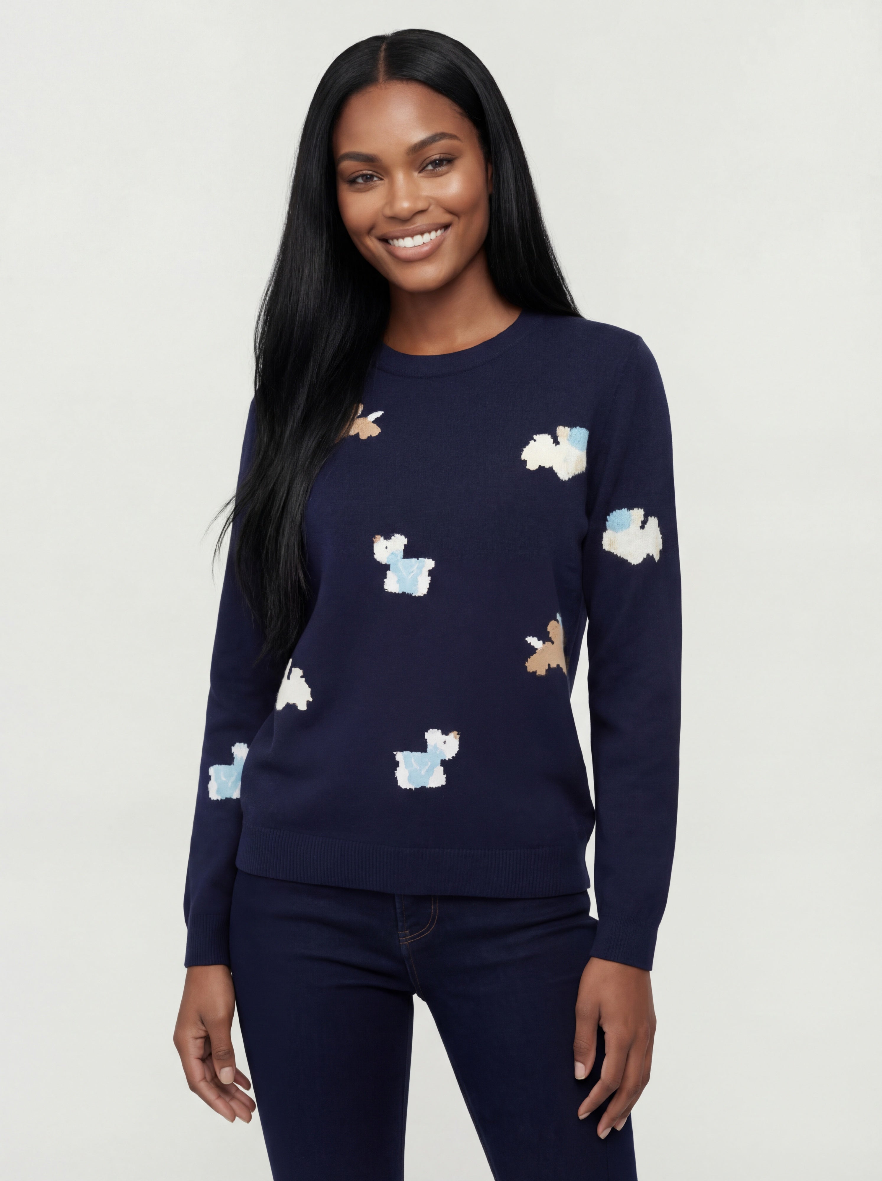Chandail en tricot marine à col rond avec motif de petits chiens CYC Coco Y Club pour femme