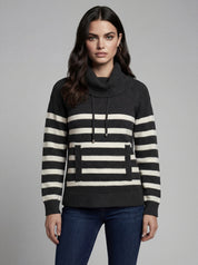 Chandail en tricot rayé charbon et ivoire avec col roulé et poche à l'avant CYC Coco Y Club pour femme