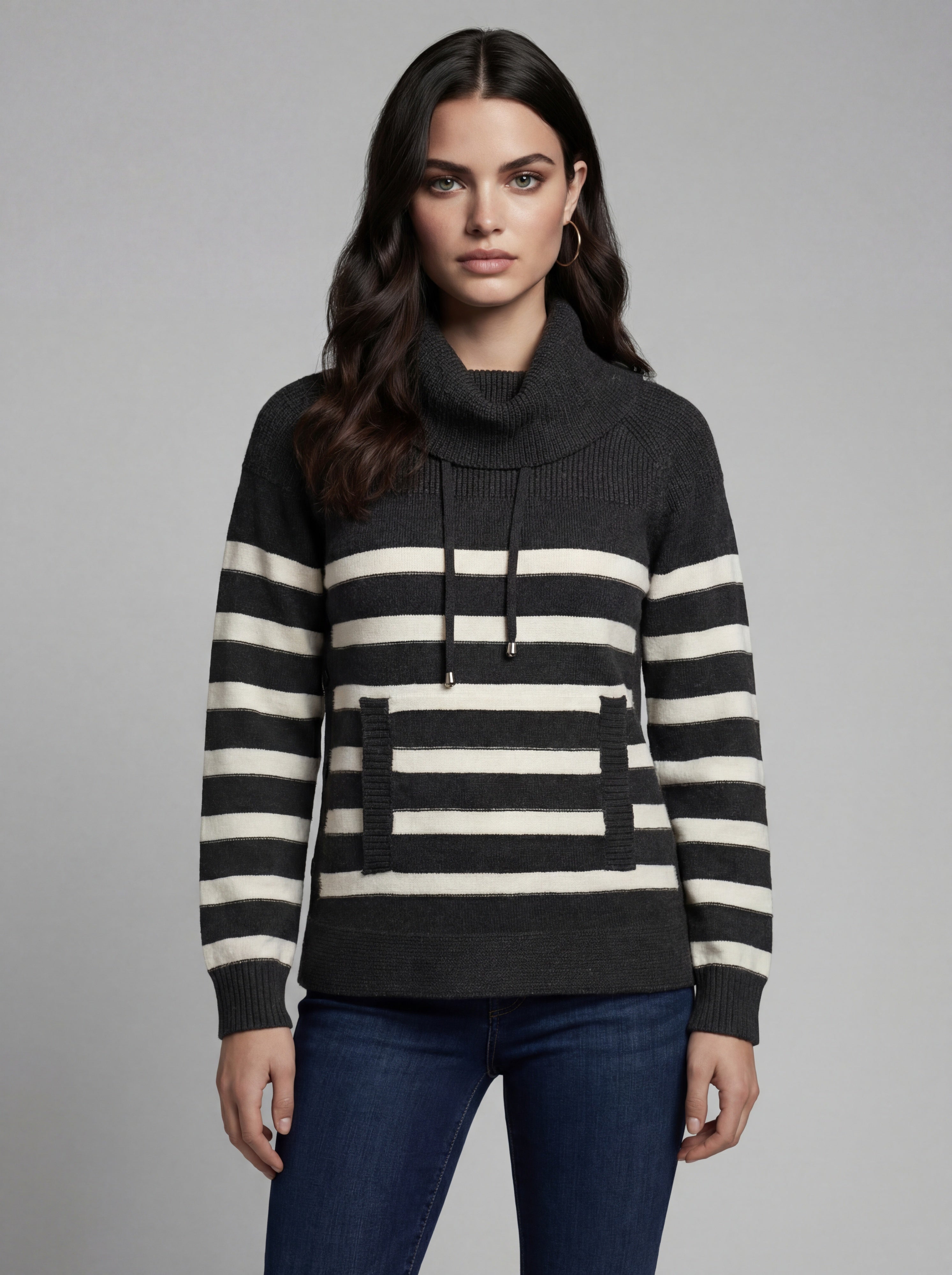 Chandail en tricot rayé charbon et ivoire avec col roulé et poche à l'avant CYC Coco Y Club pour femme