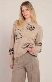 Chandail fleuri taupe à col rond Room 34 pour femme