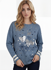 Chandail en tricot bleu denim avec imprimé de cœurs argentés CYC Coco Y Club pour femme
