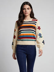 Chandail en tricot fleuri combo vanille à manches bouffantes CYC Coco Y Club pour femme