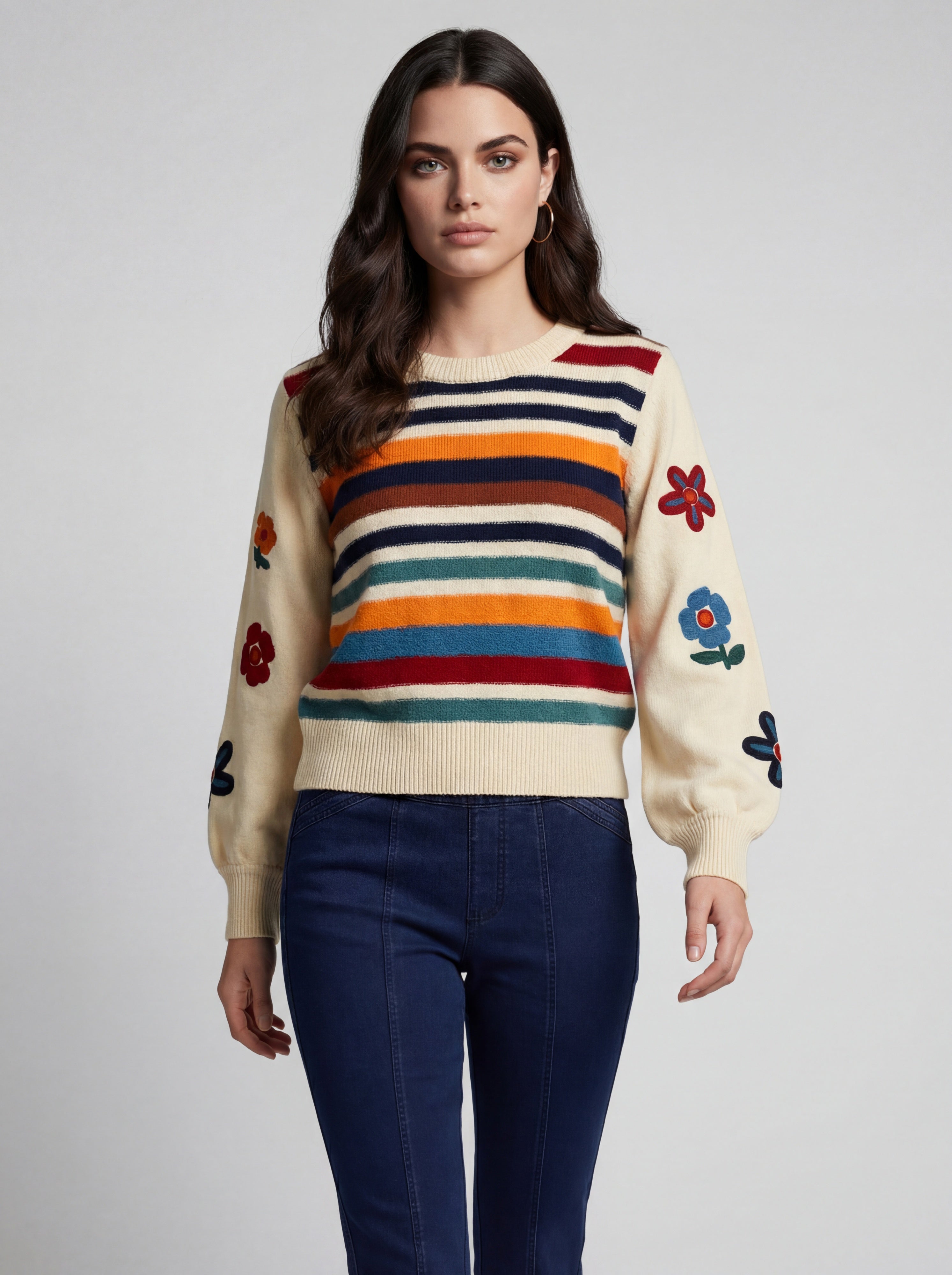 Chandail en tricot fleuri combo vanille à manches bouffantes CYC Coco Y Club pour femme