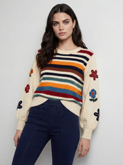 Chandail en tricot fleuri combo vanille à manches bouffantes CYC Coco Y Club pour femme