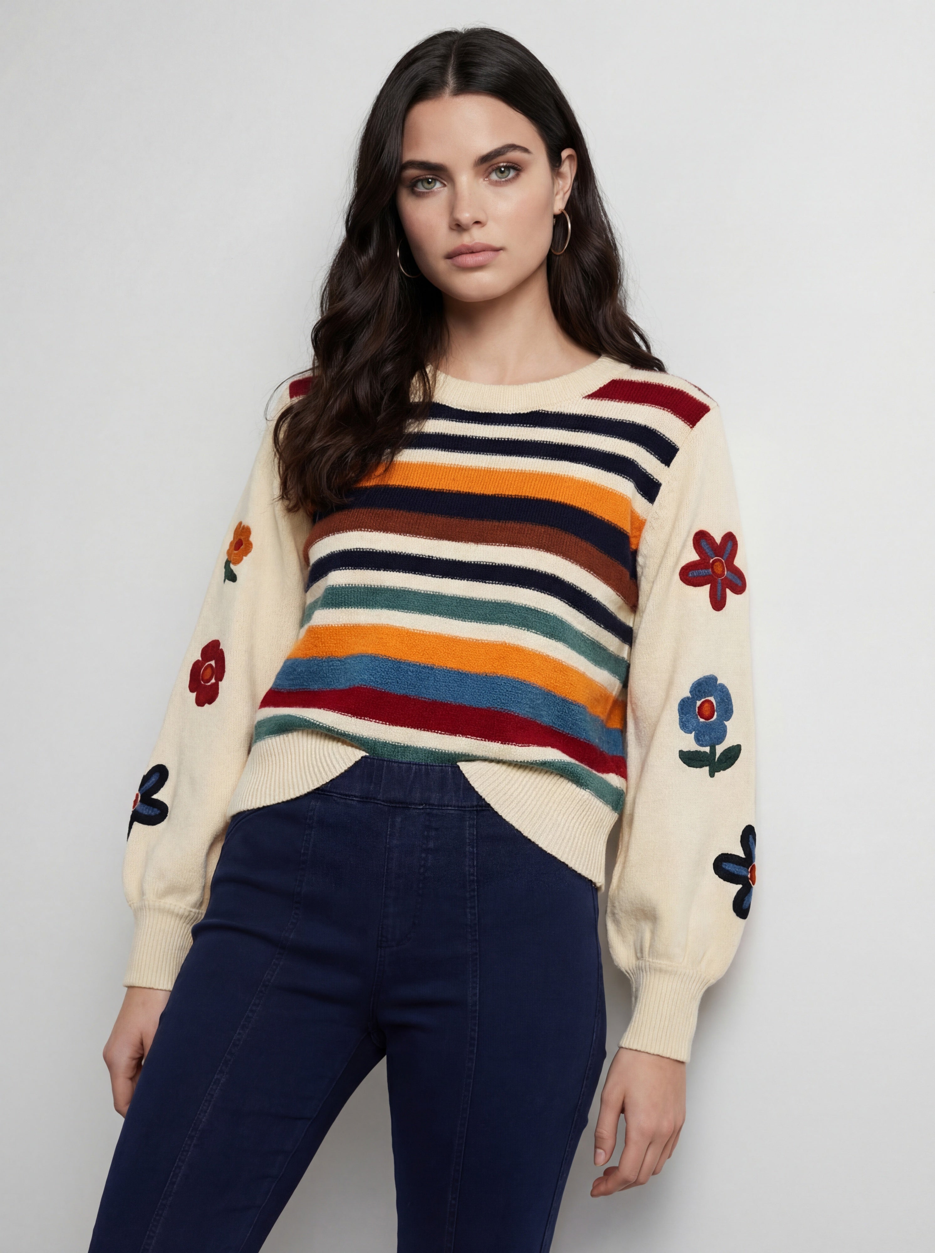 Chandail en tricot fleuri combo vanille à manches bouffantes CYC Coco Y Club pour femme