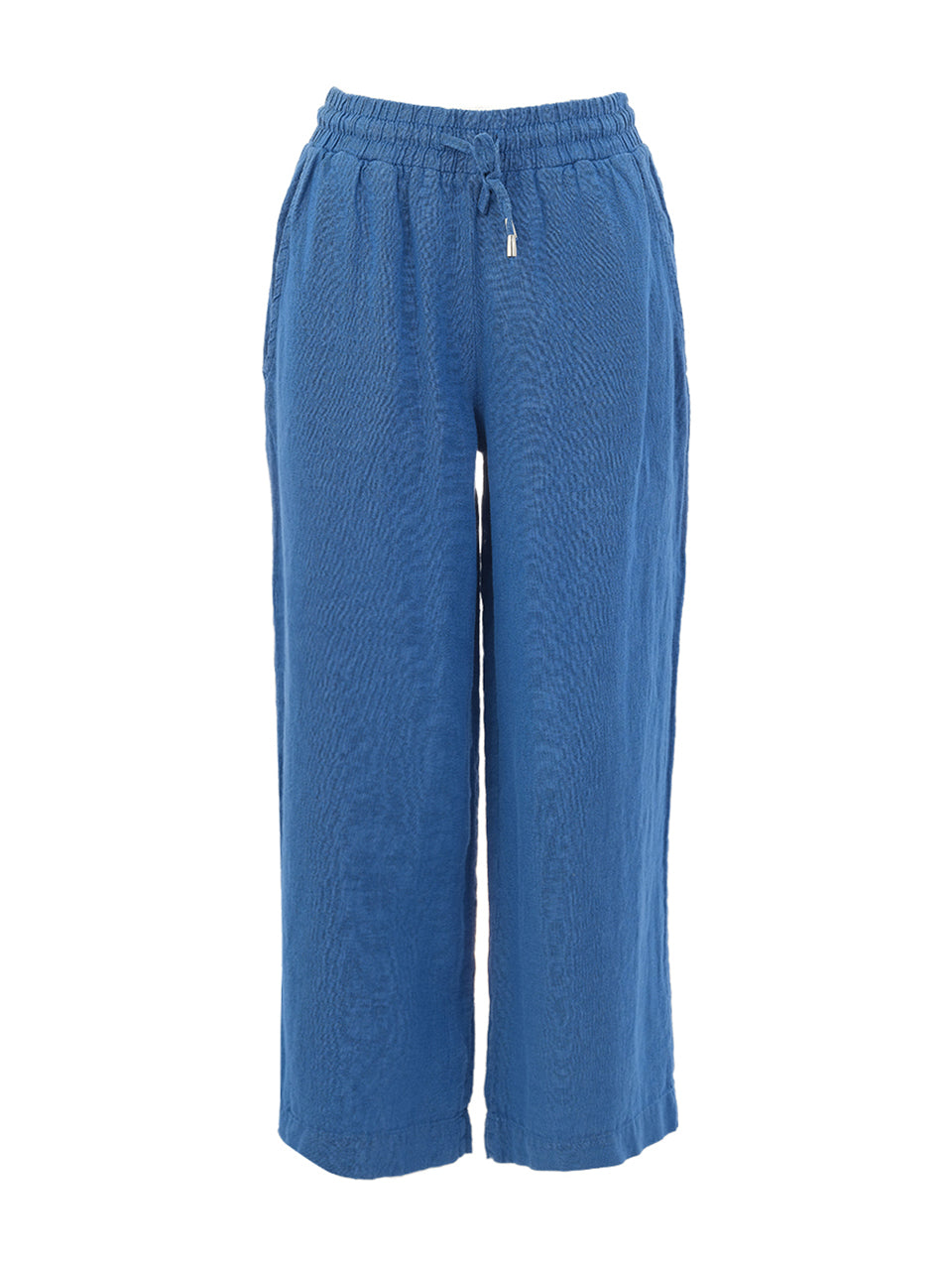 Pantalon en lin indigo avec taille élastique, tissu léger et respirant au style polyvalent.