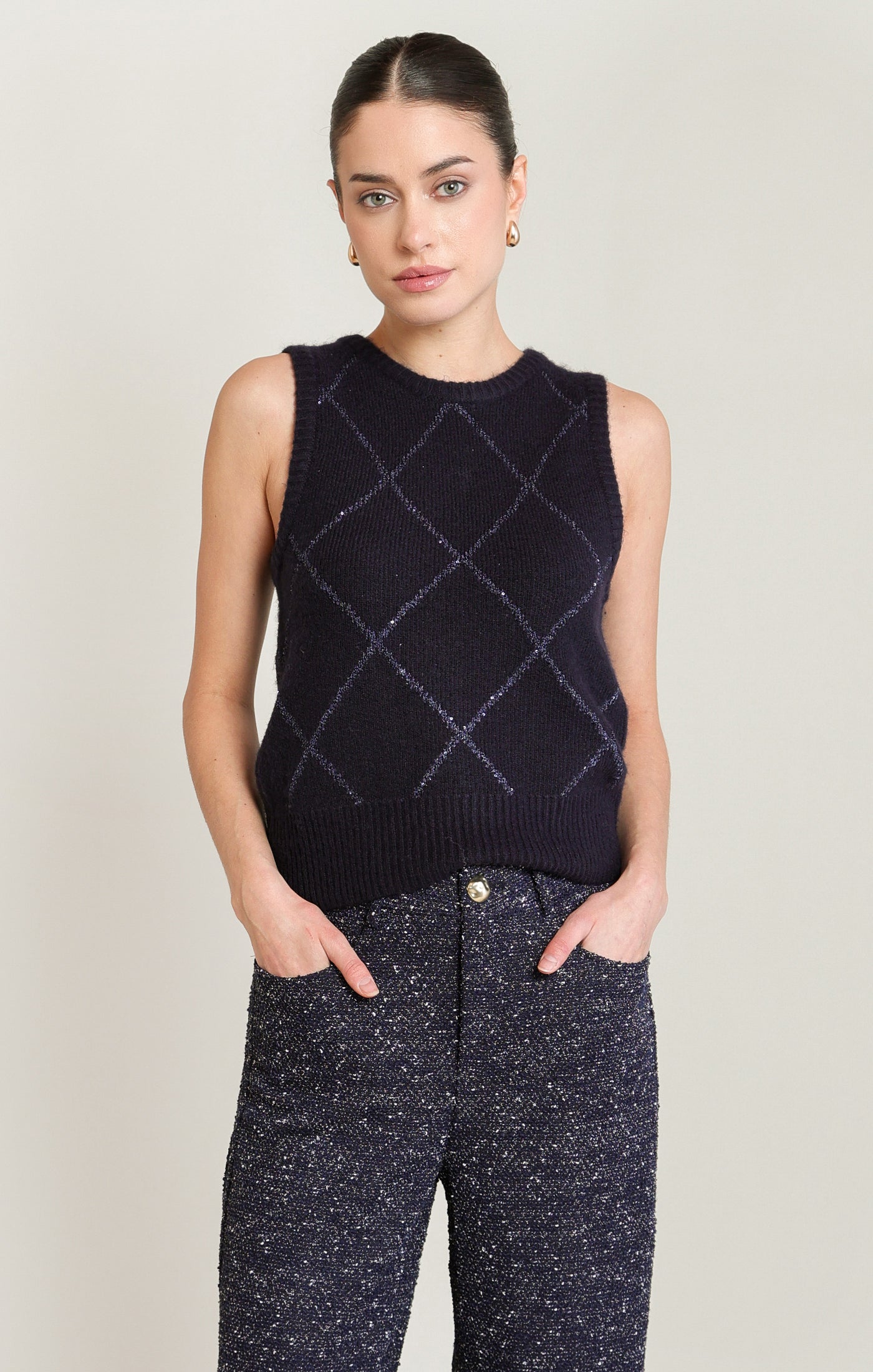 Débardeur en tricot marine foncé à carreaux brillants Black Tape pour femme
