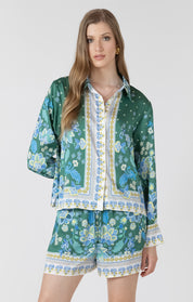 Chemisier pour femme imprimé aqua en satin, style élégant, lumineux et polyvalent.