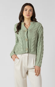 Cardigan pour femme en tricot câble couleur menthe avec boutons brillants, style féminin, élégant et confortable