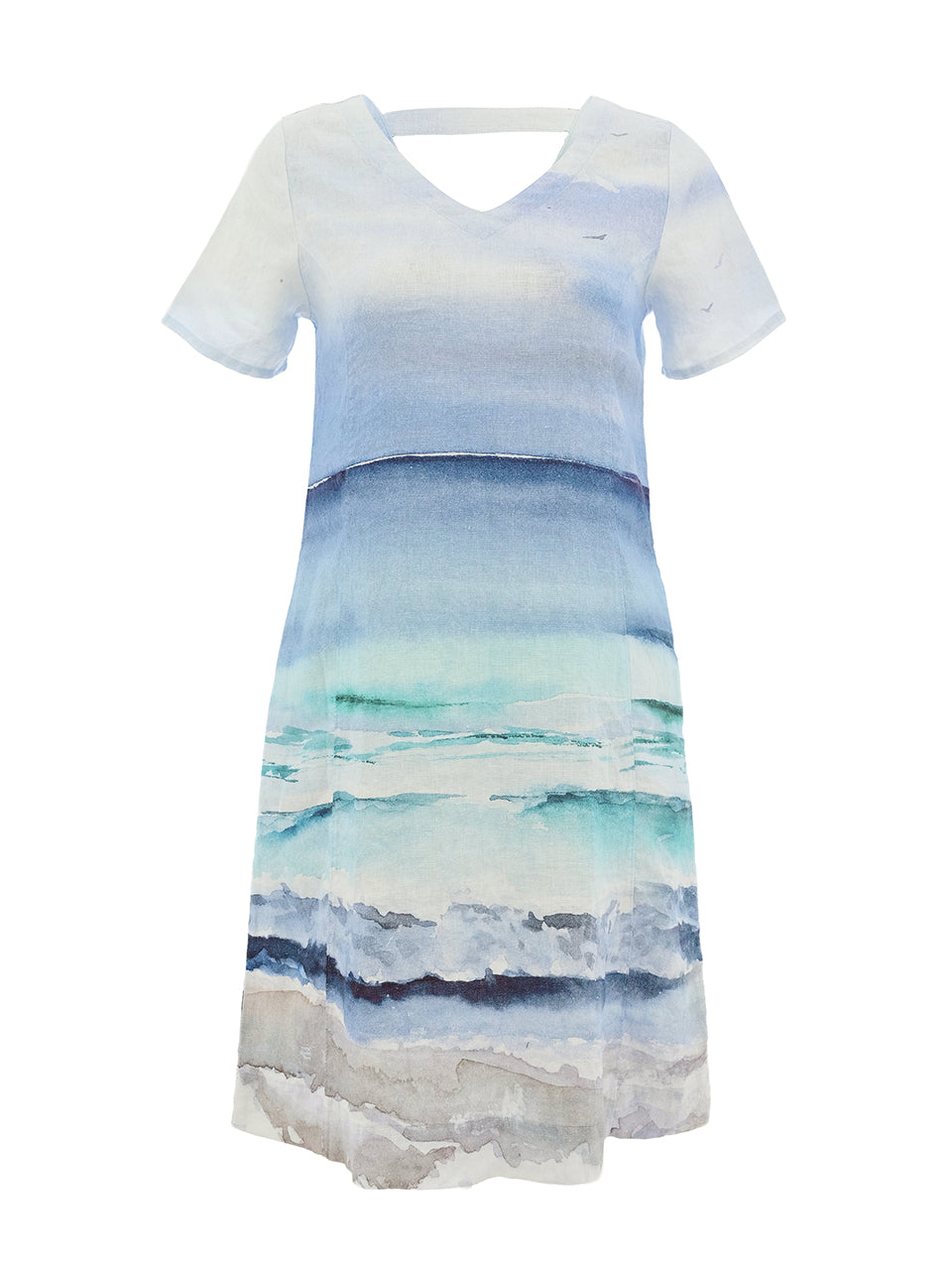 Robe pour femme en lin blanc avec imprimé artistique bord de mer, tissu léger et respirant avec finitions soignées.