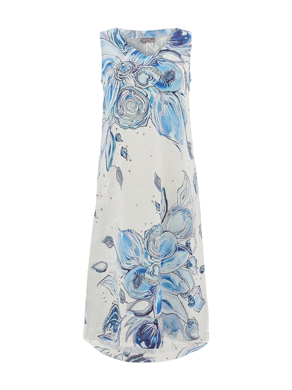 Robe pour femme en lin blanc et indigo avec imprimé floral artistique, tissu léger et respirant avec finitions soignées.