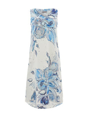 Robe pour femme en lin blanc et indigo avec imprimé floral artistique, tissu léger et respirant avec finitions soignées.