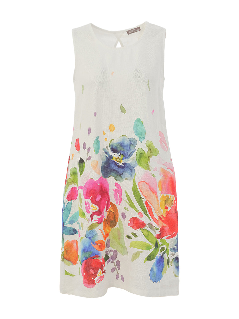Robe pour femme en lin blanc avec imprimé floral artistique, tissu léger et respirant avec finitions soignées.