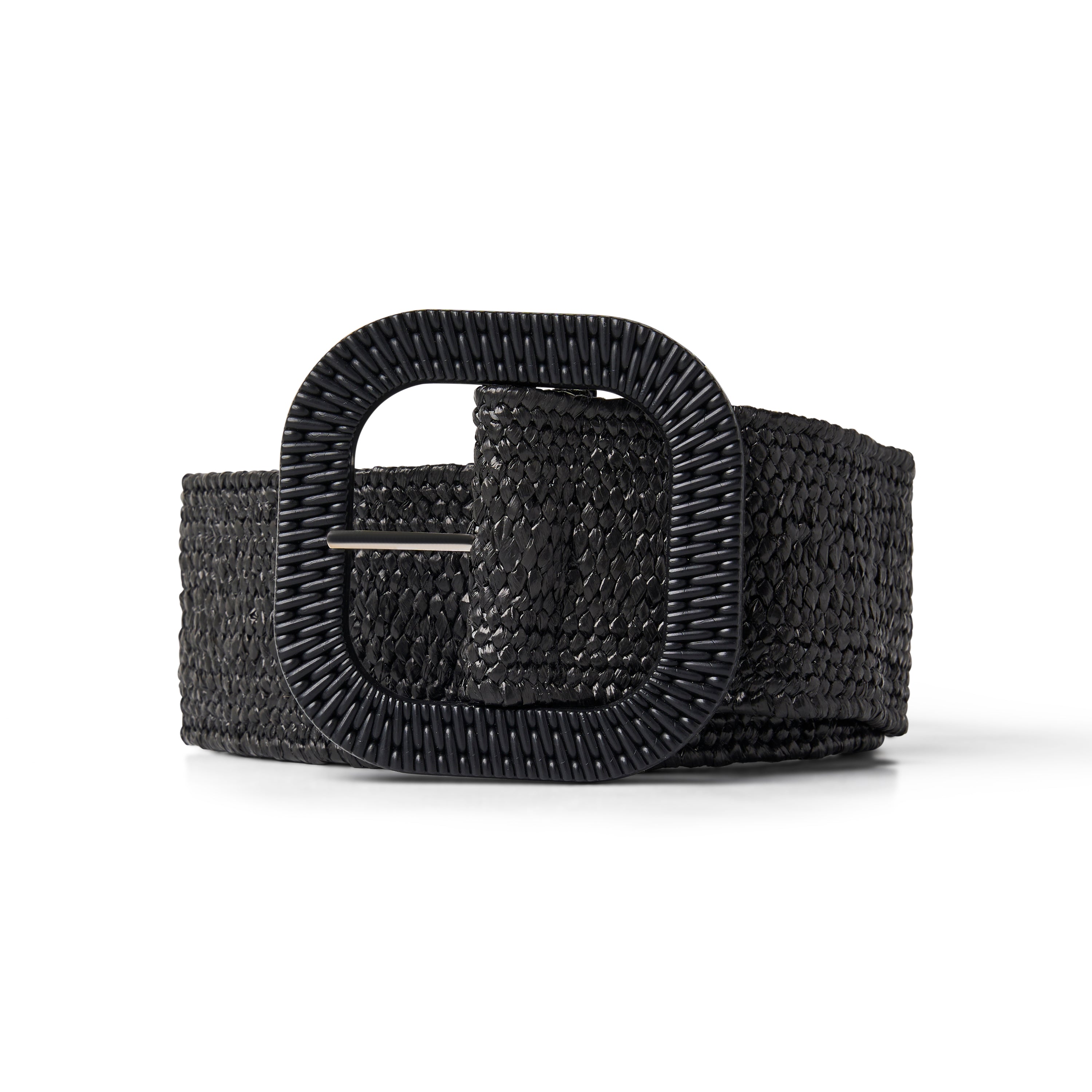 Ceinture pour femme en paille élastique noire, style sobre, souple et polyvalent.