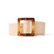 Ceinture pour femme en paille élastique beige et taupe, style naturel, souple et polyvalent.