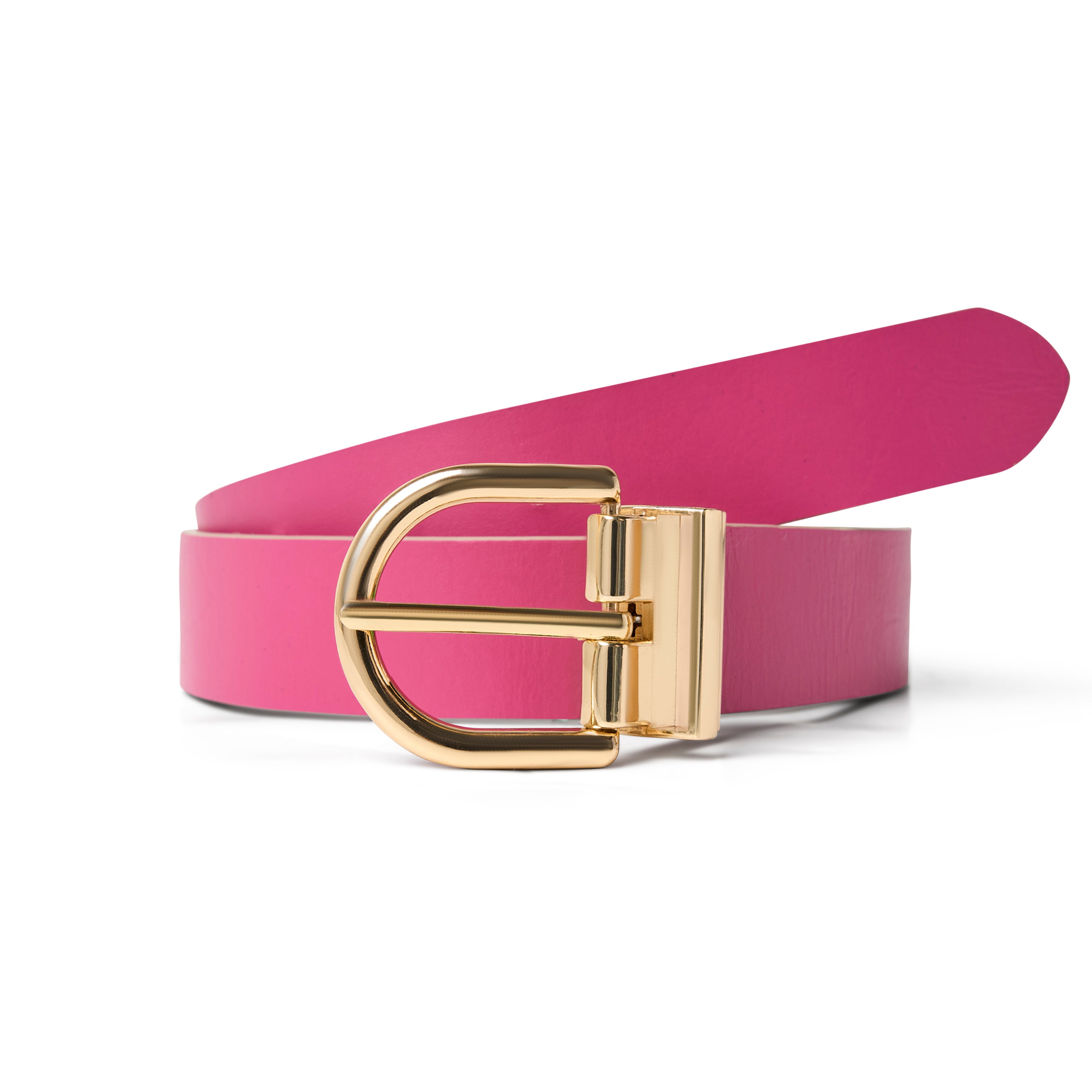 Ceinture réversible pour femme en cuir fushia et crème, style classique et polyvalent.