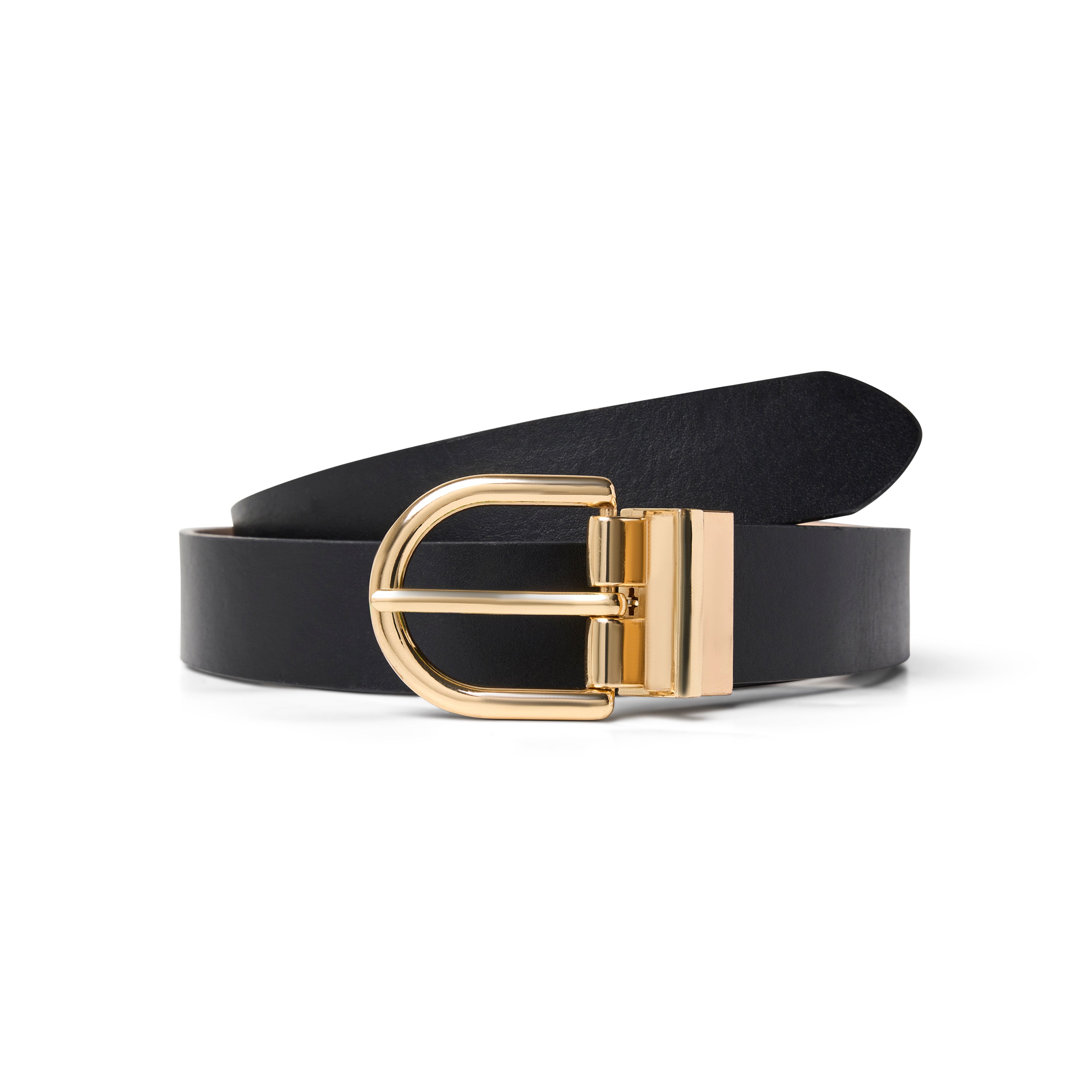 Ceinture réversible pour femme en cuir noir, style classique, sobre et polyvalent.
