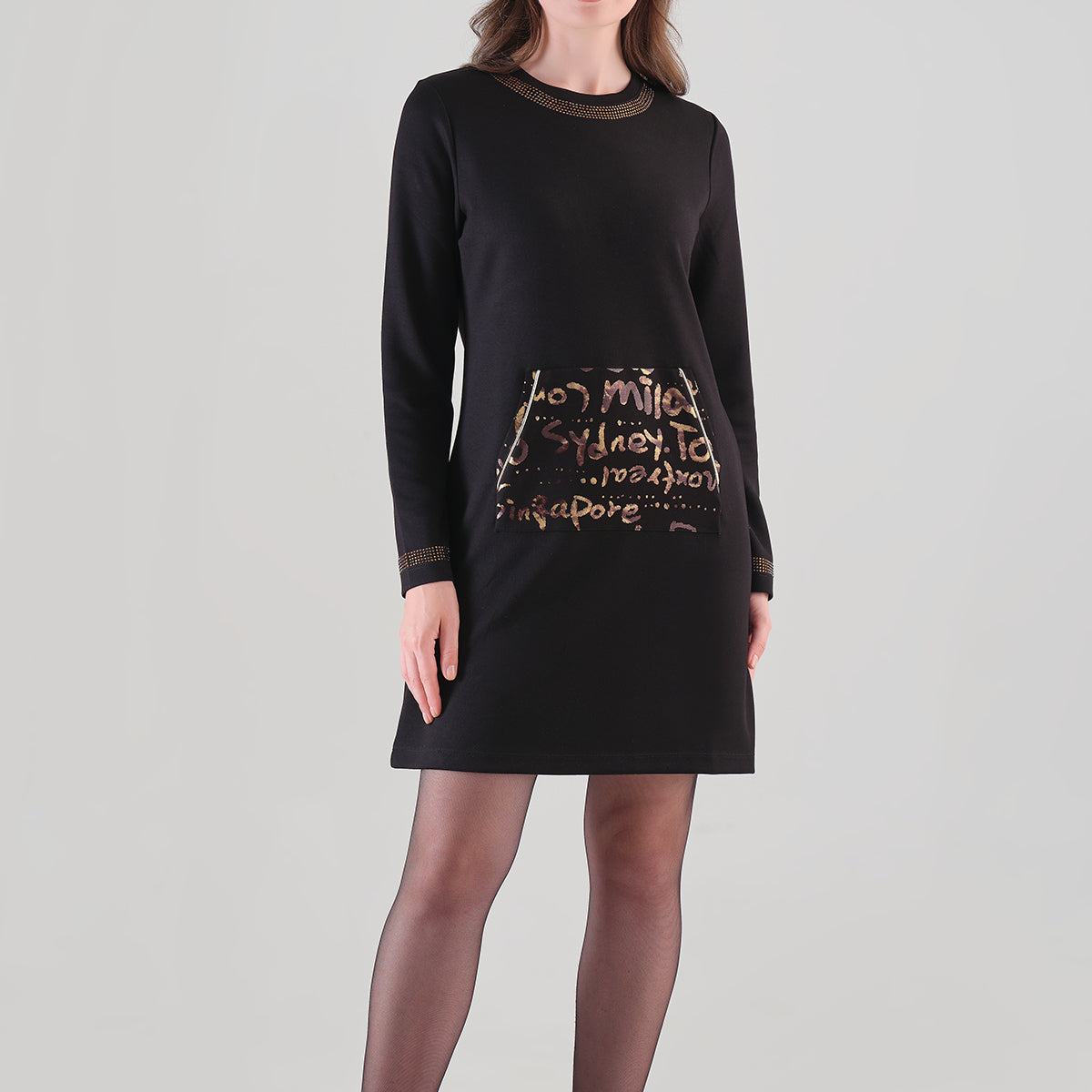 Robe Noire à Motif Lettré et Détails Brillants - Tricotto - photo 1